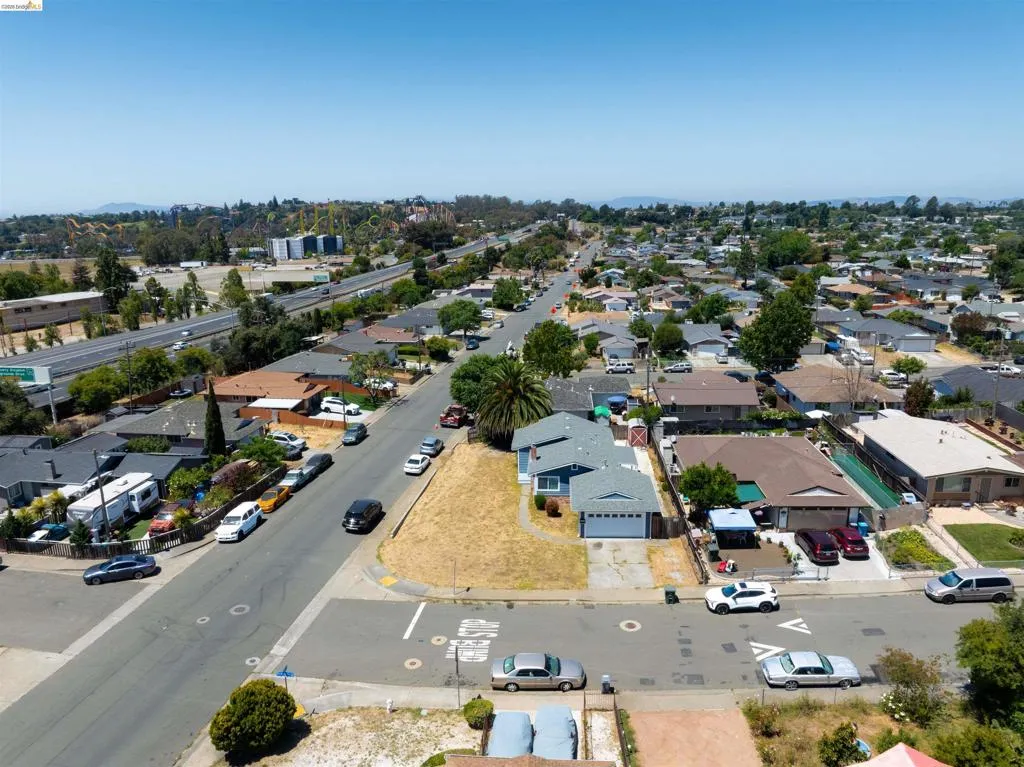 Aerial perspective showcasing a residential neighborhood with varied architectural styles