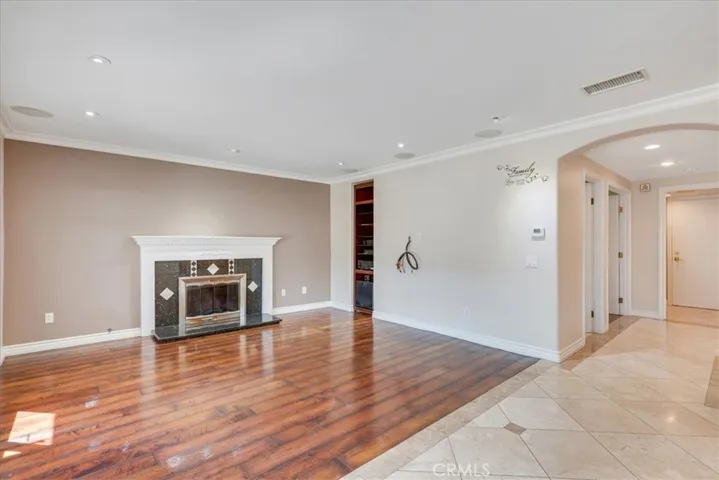 Family room with fireplace and surround sound