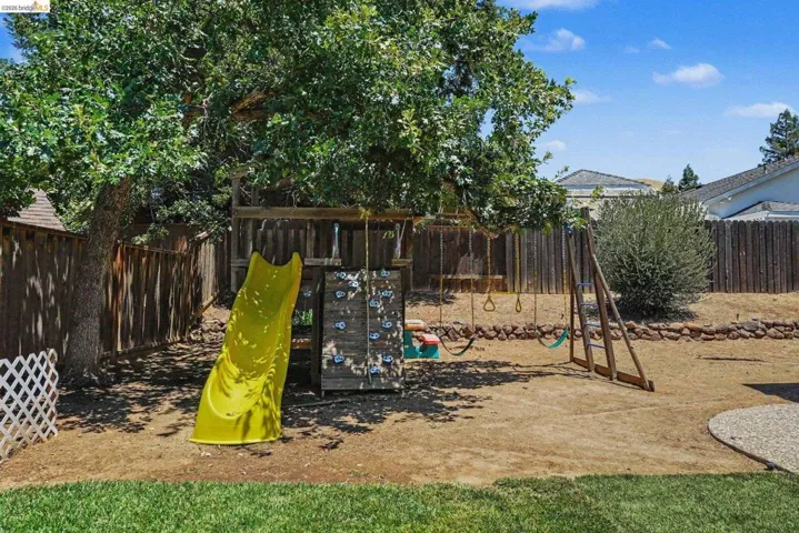 Expansive backyard featuring a mature shade tree, wooden privacy fencing, and a built-in play structure with a yellow slide, climbing wall, and swings