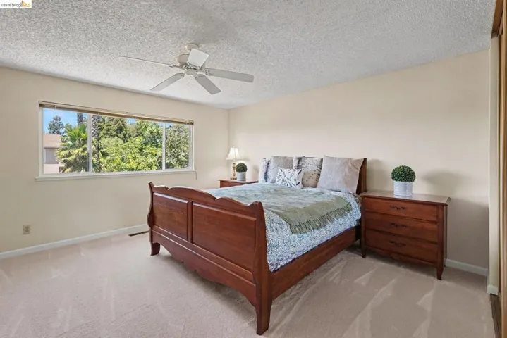 Room featuring a large horizontal window, textured ceiling, ceiling fan, and light-toned carpet flooring
