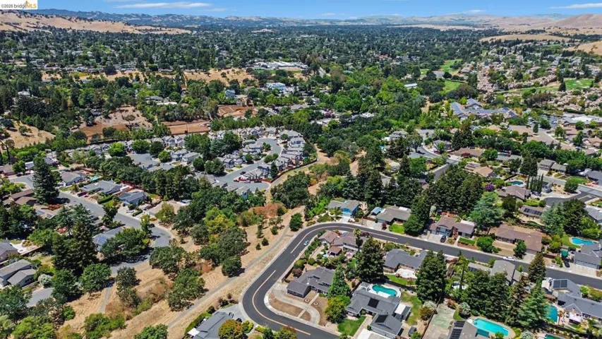 Aerial perspective showcasing a residential area with diverse home styles, mature trees, and a winding road