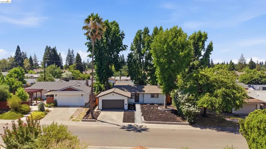 Single-story property featuring an attached garage, a paved driveway, and a front yard with mature trees and mulched landscaping