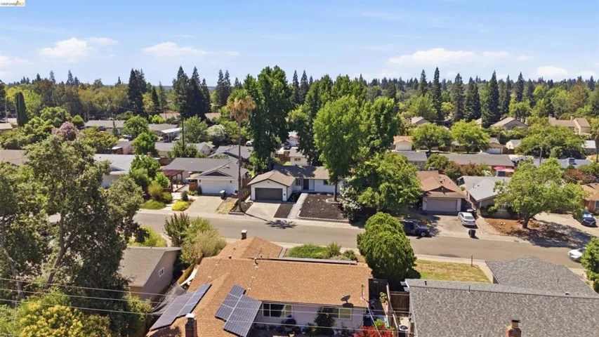 Suburban setting featuring mature trees and established residential properties