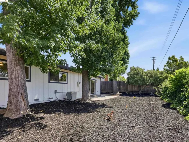 Rear exterior featuring white vertical siding, dark trim windows, mature trees, and a spacious yard with dark mulch ground cover