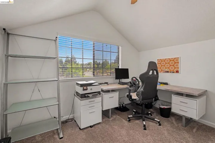 Room with vaulted ceiling, textured carpet, and a large window with horizontal blinds
