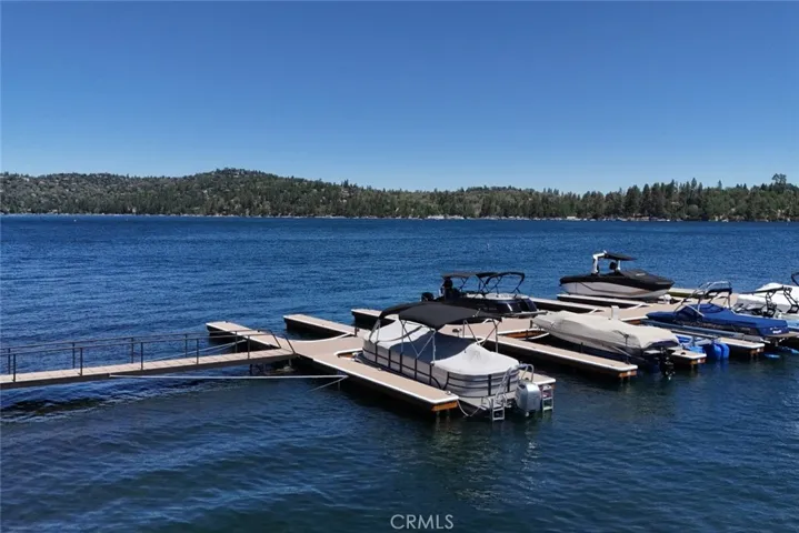 Dock slip has boat lift (see the slip with lifted wakeboard boat on far side)