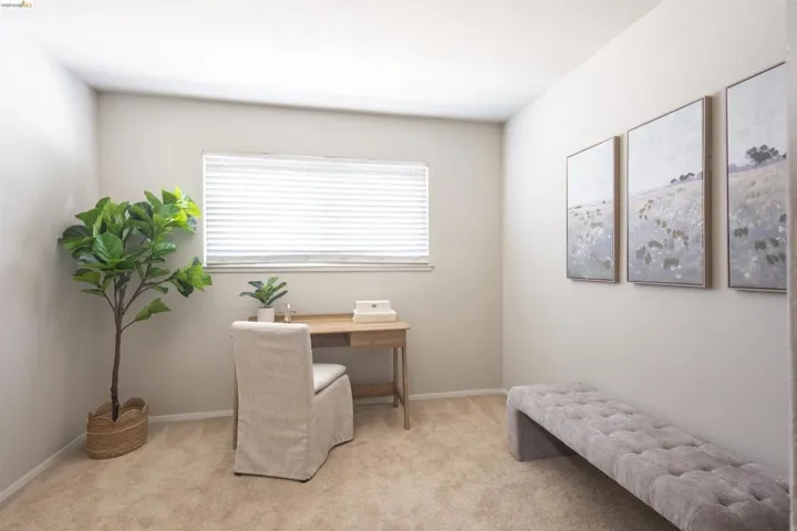 Neutral-toned room featuring a single window with blinds, light-colored walls, and carpeting