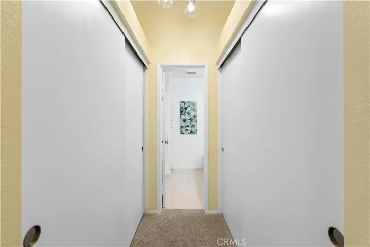 Primary walk-in closet and bathroom hallway