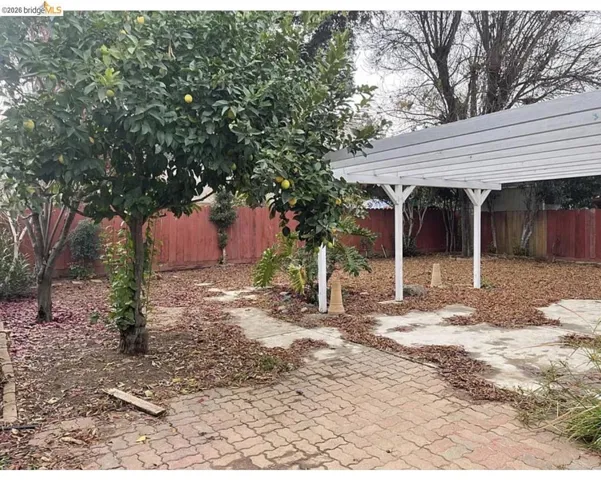 Backyard featuring a white slatted pergola, mature fruit trees, and brick paver patio sections