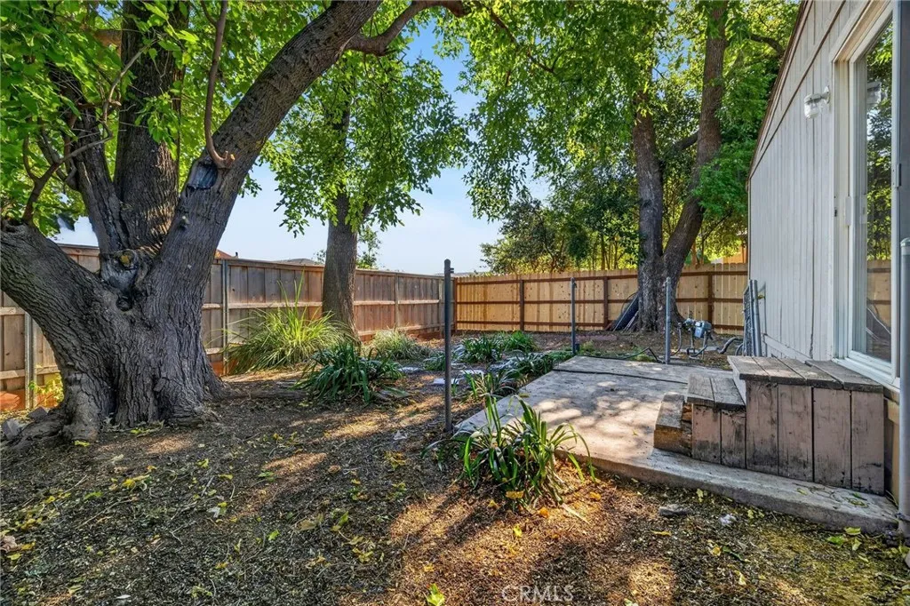 Fenced back yard - new steps being installed