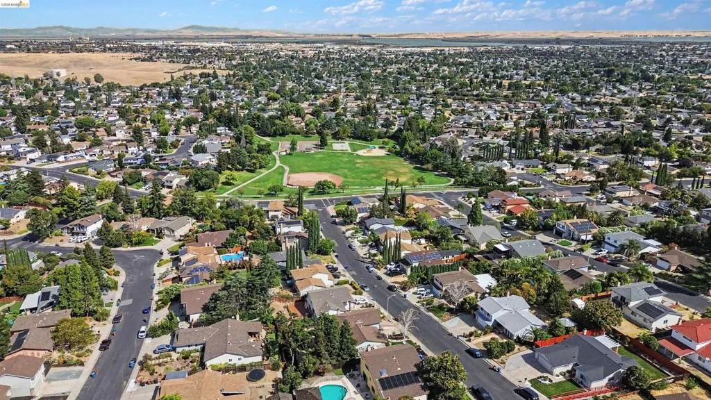 Expansive aerial perspective showcasing a residential development with varied architectural styles, mature landscaping, and an adjacent open green space