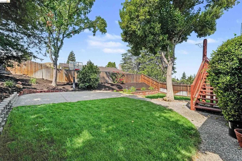 Expansive backyard featuring a manicured lawn, concrete patio, and sloped landscaping with mature trees