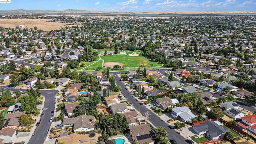 Expansive aerial perspective showcasing a residential development with varied architectural styles, mature landscaping, and an adjacent open green space