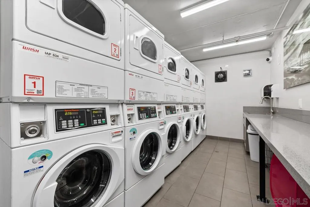 The community laundry room is located in the underground garage with 6 washers and 6 dryers.