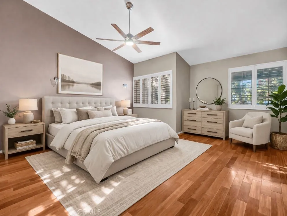 Virtually staged bedroom with high ceilings