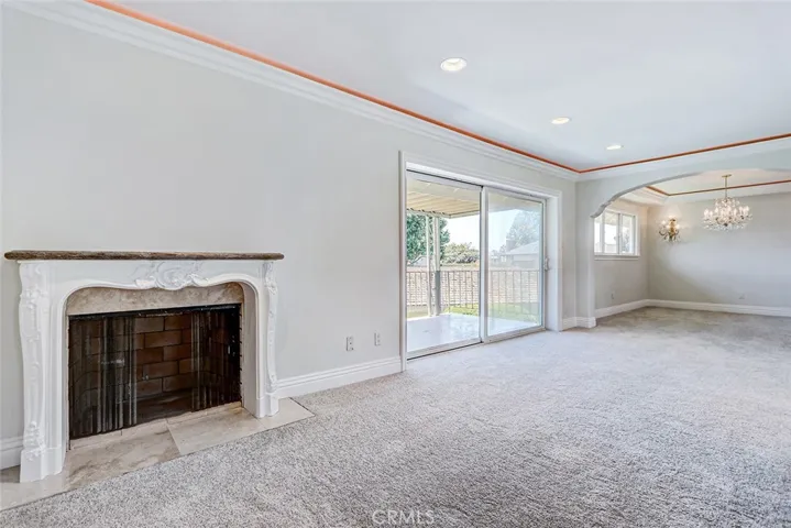Living area with decorative fireplace