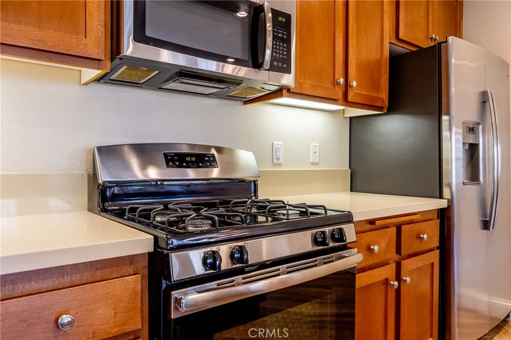 Gas range and built-in microwave.