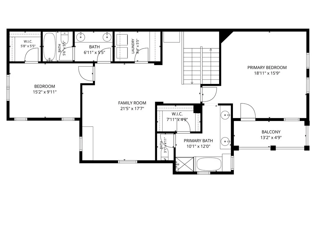 Floorplan of the upper level. Layout and measurements are approximate.