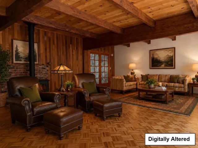 Virtual staging suggests a seating area worthy of the Ahwahnee Hotel lobby