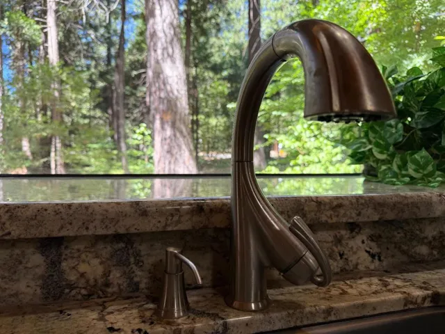 Forest view beyond the sink through the garden window