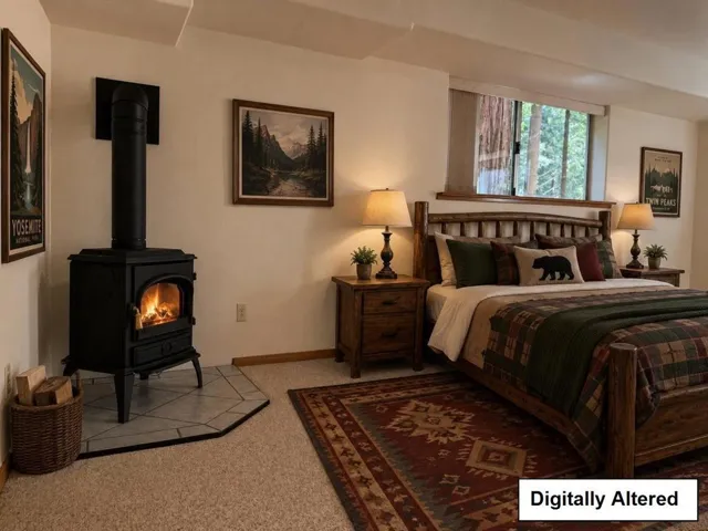 The downstairs bedroom, reimagined as an ideal place to turn in after a long day of exploring