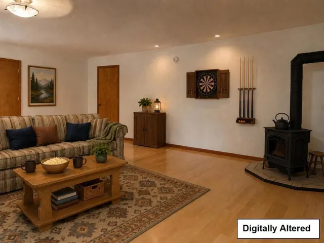 A few accessories added to suggest a game room. This vast space has lots of sunlight & storage!