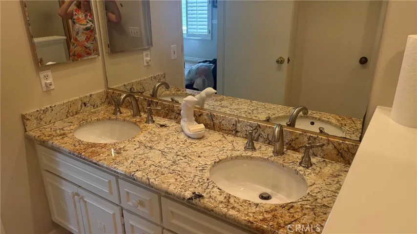 primary bathroom with a double vanity.
