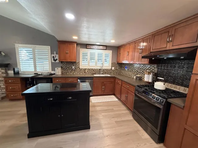Spacious kitchen featuring wood-finish flooring, a black kitchen island, stainless steel appliances, and wood cabinetry with contemporary hardware