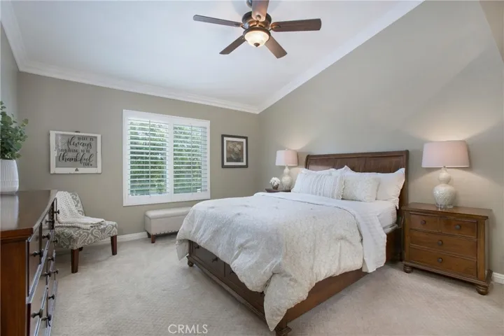 Primary suite with high ceilings and shutters overlooking the tree lined lot
