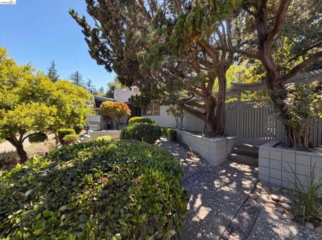 Mature landscaping with established trees and shrubs, concrete pathway, decorative fencing, and block retaining walls