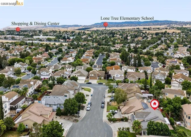 Aerial perspective of a residential neighborhood with varied architectural styles and mature landscaping