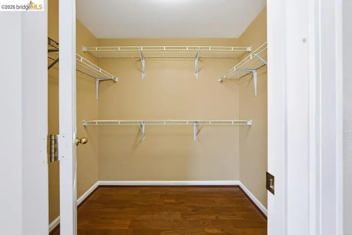 Walk-in closet featuring wire shelving, wood-finish flooring, and neutral wall tones