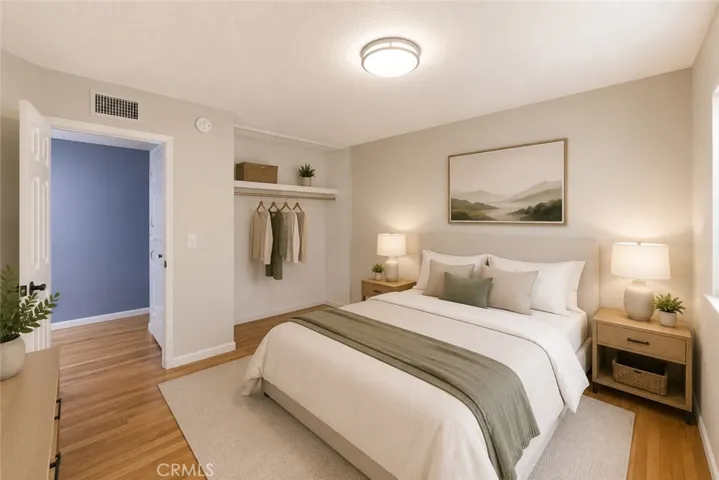 Bedroom digitally altered to present potential possibilities.
