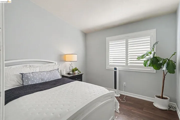 Bedroom featuring a window with plantation shutters, dark wood-finish flooring, and light wall paint