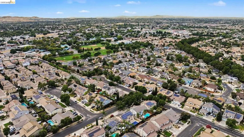Aerial perspective showcasing a residential community with varied architectural styles