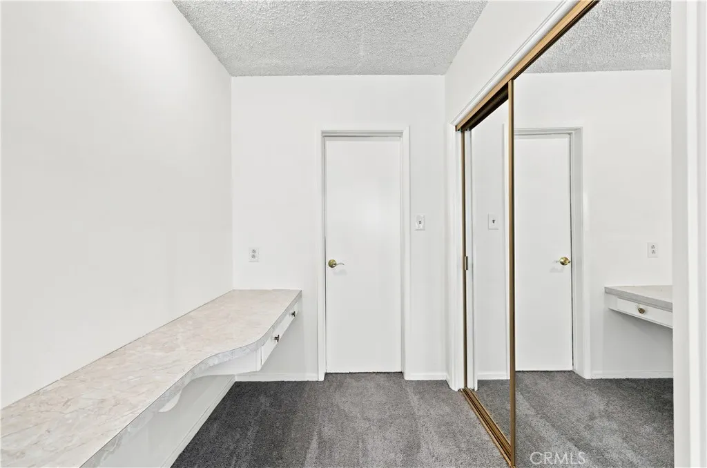 Entry to primary bathroom with one of the closets and makeup countertop or can be used for office space