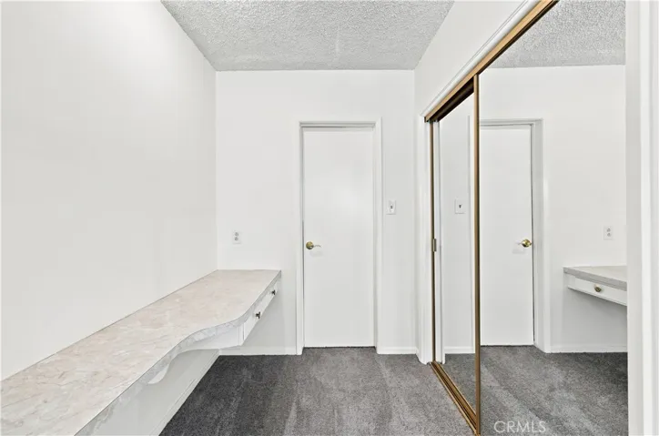 Entry to primary bathroom with one of the closets and makeup countertop or can be used for office space