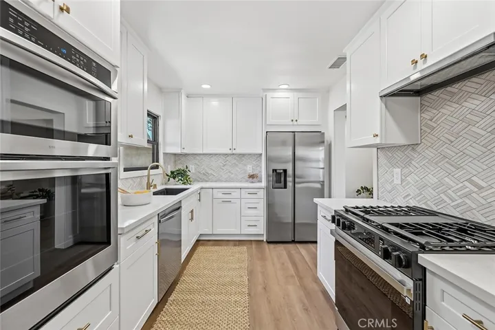 2 ovens & sleek Zephyr hood vent.