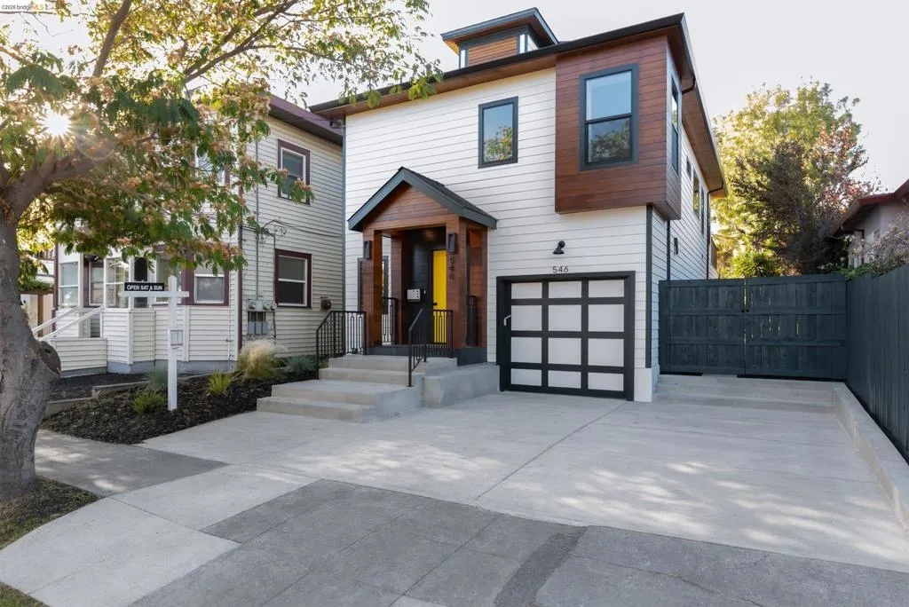 Contemporary facade featuring white siding and wood-panel accents