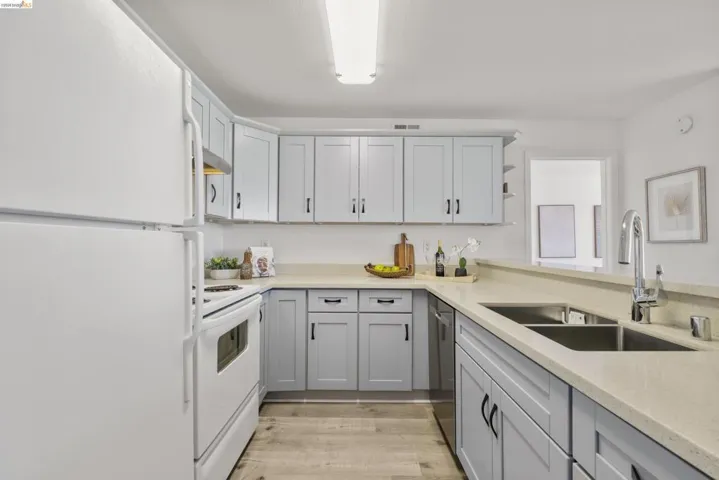 Kitchen featuring light gray cabinetry with black hardware, light-colored countertops, stainless steel double basin sink with gooseneck faucet, and wood-finish flooring