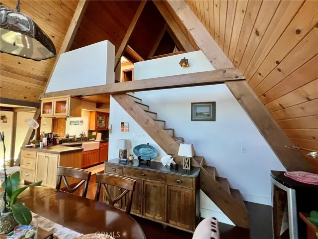 stairway above dining area