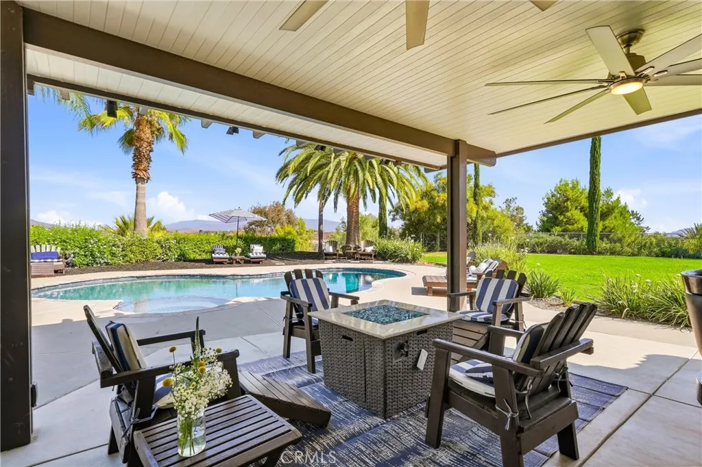 Covered patio with ceiling fans. Firepit