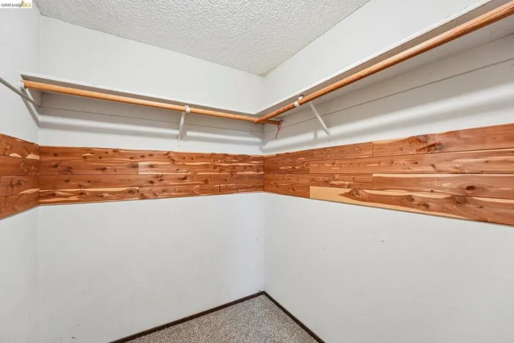 Closet featuring cedar paneling, white walls, and a built-in hanging rod