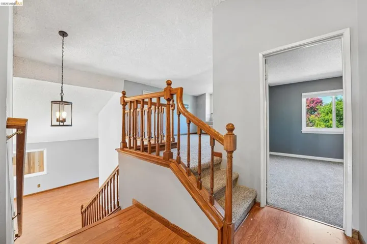 Split-level interior featuring wood-finish flooring, a carpeted staircase with wood banister, and a suspended black lantern-style light fixture
