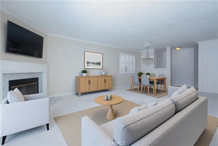 Virtually staged liv rm looking into dining room