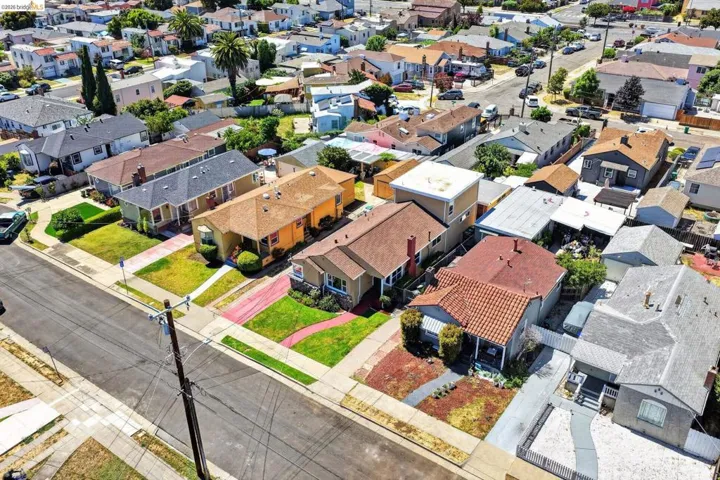 Residential street featuring a variety of single-story homes with pitched roofs and front yards