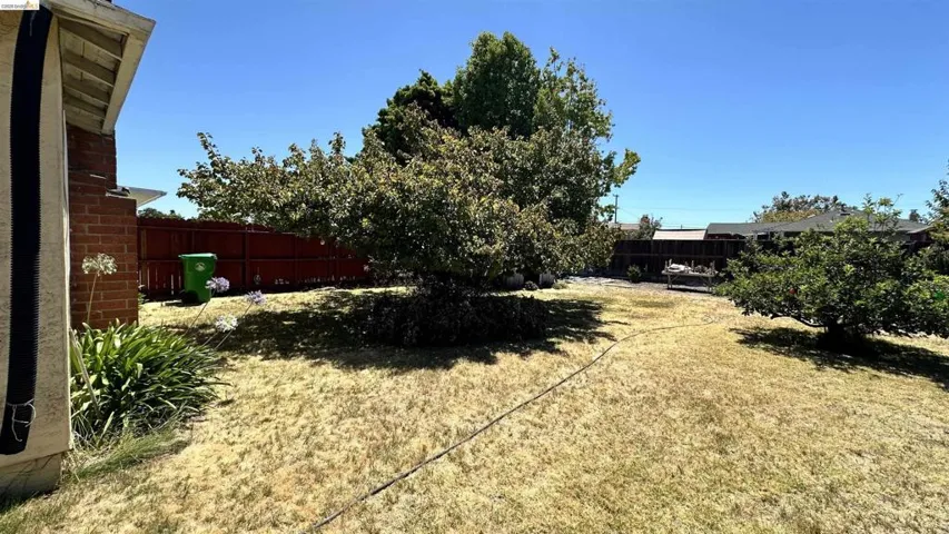 Expansive rear yard featuring mature trees, perimeter fencing, and a brick exterior portion of the property