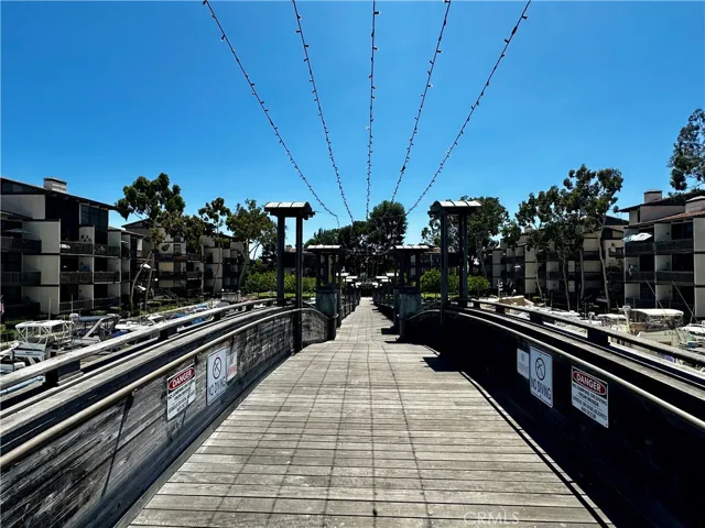 View from Marina Pacifica Shopping Center private bridge to Marina Pacifica condominiums.