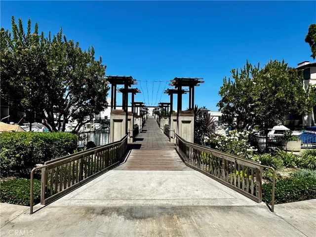 View of entry of private bridge to Marina Pacifica Shopping Center.