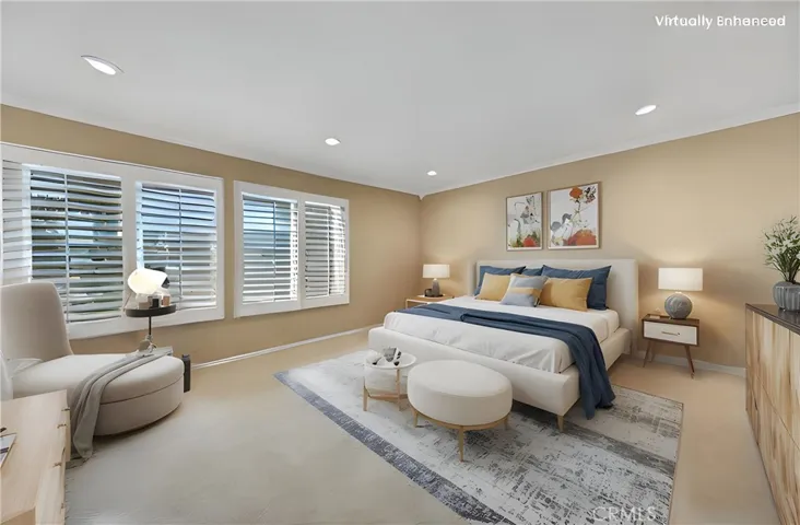 Digitally enhanced primary bedroom.